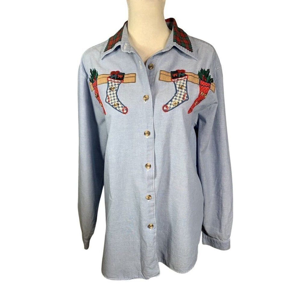 Signatures by Northern Isles Christmas Embroidered Chambray Shirt Blouse Top 12